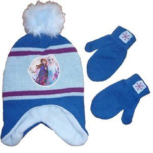 Toddler Girls Frozen II Fleeced Lined Hat Beanie & Mittens Set Blue 2T/5T NWT
